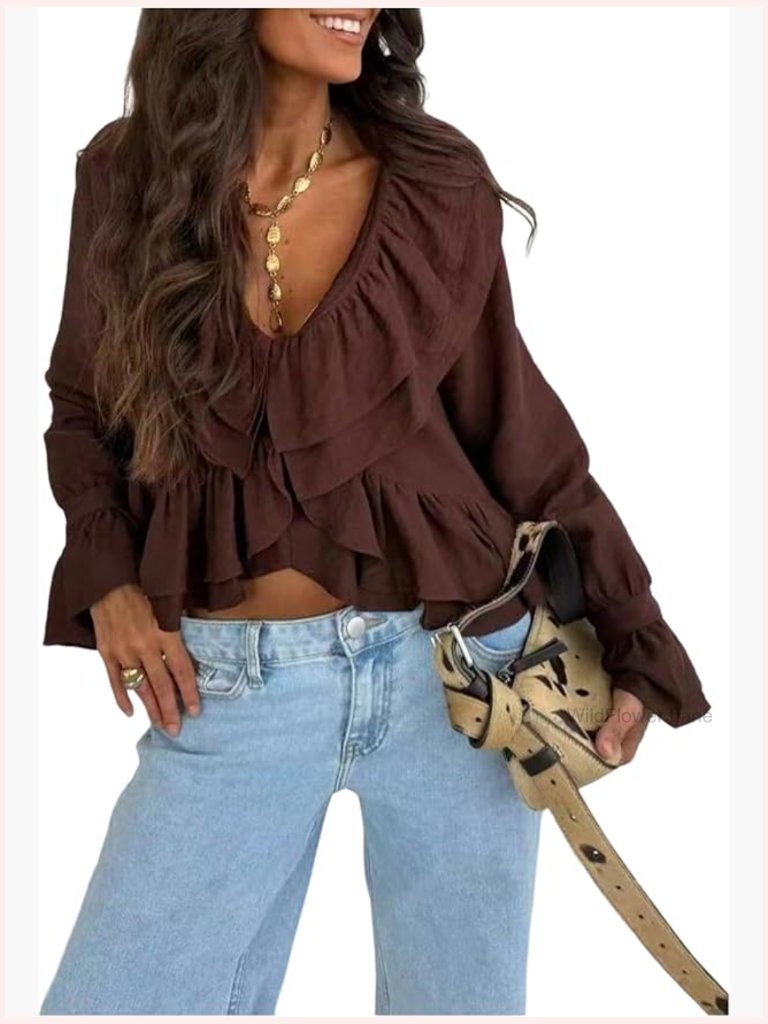 Women's Ruffled Peplum Blouse Long Sleeve V Neck Cropped Flounce Shirt